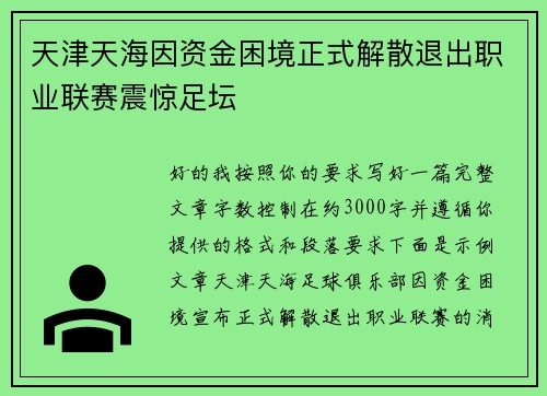 天津天海因资金困境正式解散退出职业联赛震惊足坛