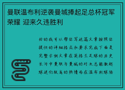 曼联温布利逆袭曼城捧起足总杯冠军荣耀 迎来久违胜利